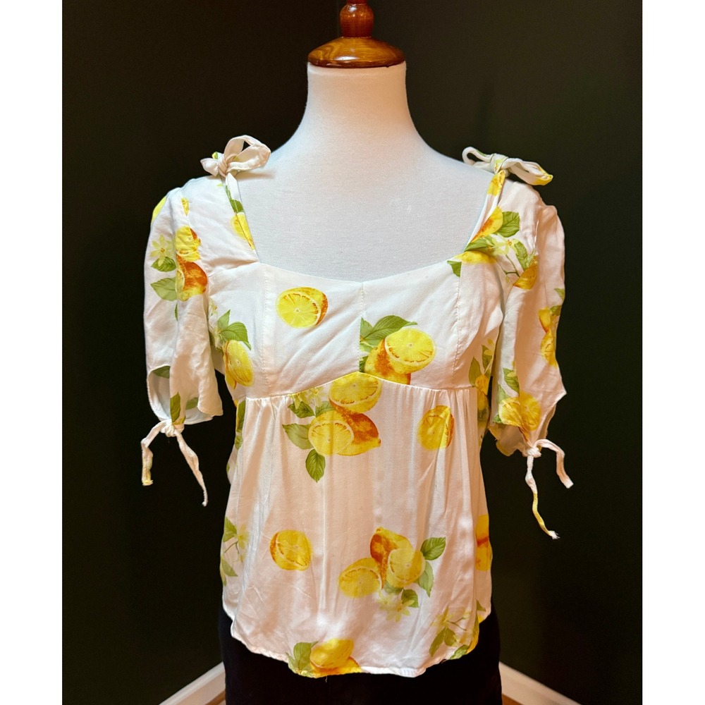 Saks Fifth Avenue White Lemon Print Square Neck Babydoll Top Women's S